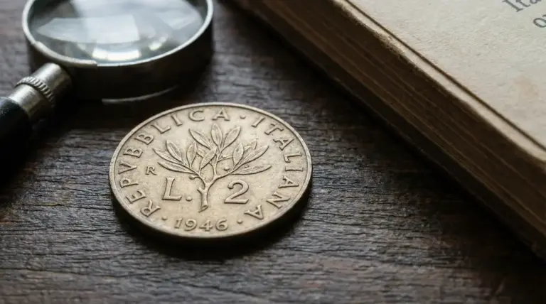 Moneta italiana da 2 lire del 1946 con ramo d'ulivo su tavolo in legno