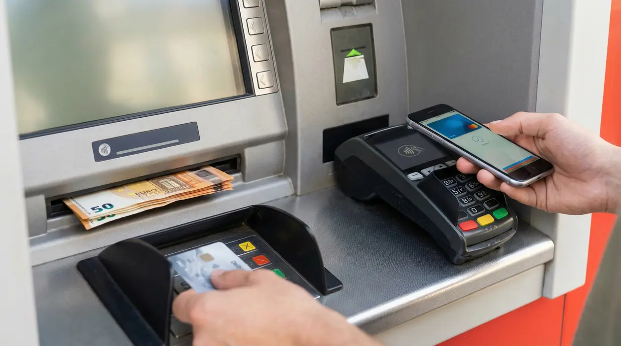 Persona utilizza bancomat e POS per prelevare contanti e pagare con smartphone