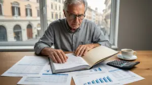 Persona anziana consulta documenti finanziari e un libro a un tavolo con calcolatrice e caffè.