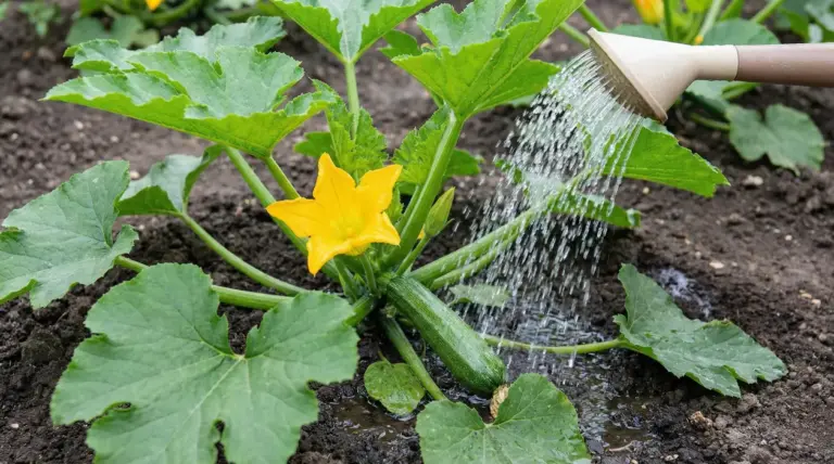 Pianta di zucchina innaffiata con annaffiatoio su terreno umido