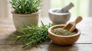 Ramo e foglie di rosmarino fresco accanto a una ciotola di legno con rosmarino essiccato