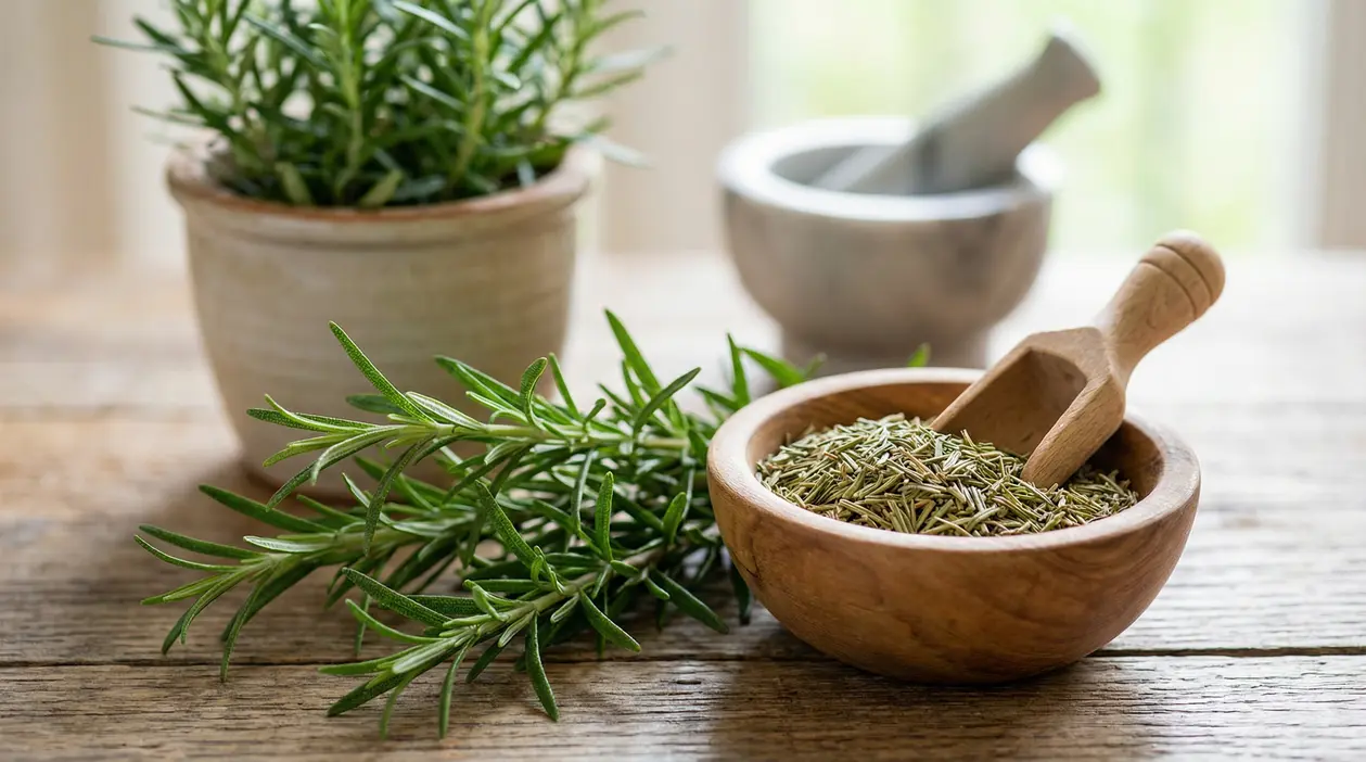 Ramo e foglie di rosmarino fresco accanto a una ciotola di legno con rosmarino essiccato