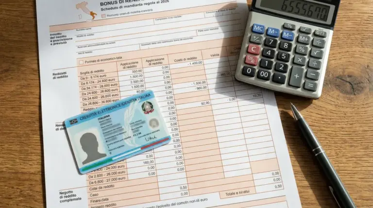 Documento fiscale con calcolatrice, penna e carta d'identità su tavolo di legno