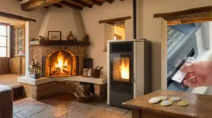 Camino tradizionale acceso accanto a una stufa moderna in una casa rustica, con soldi e bancomat in primo piano