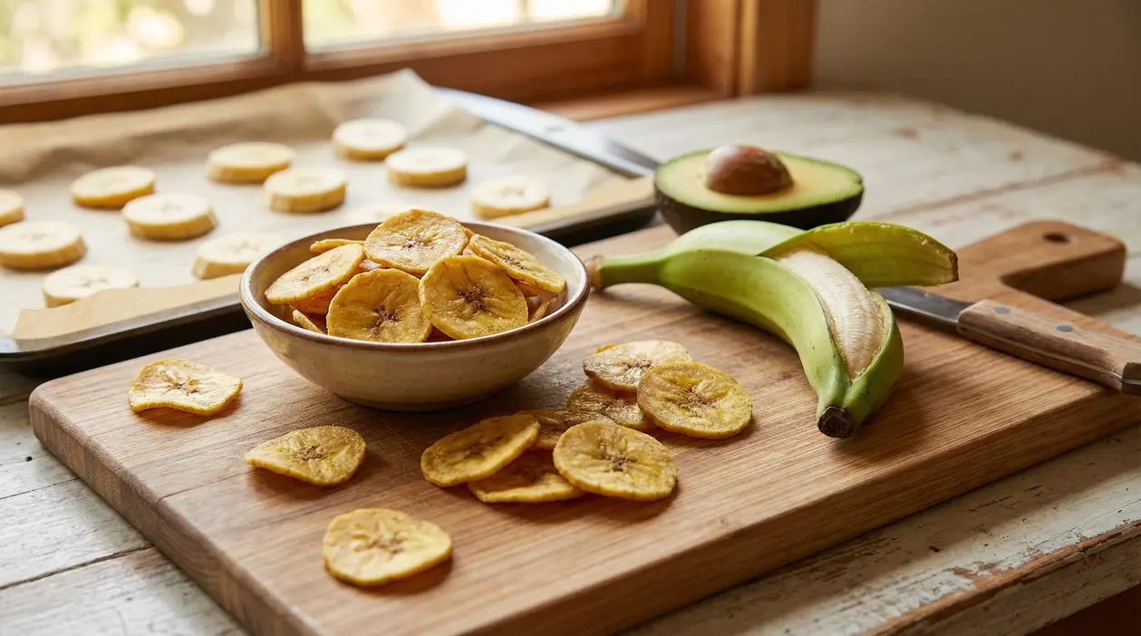 Chips di platano croccante in una ciotola su un tagliere con platano fresco e fette su teglia