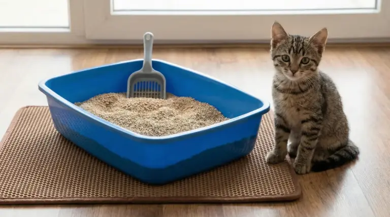 Gattino accanto a una lettiera blu con paletta su tappetino in un ambiente domestico