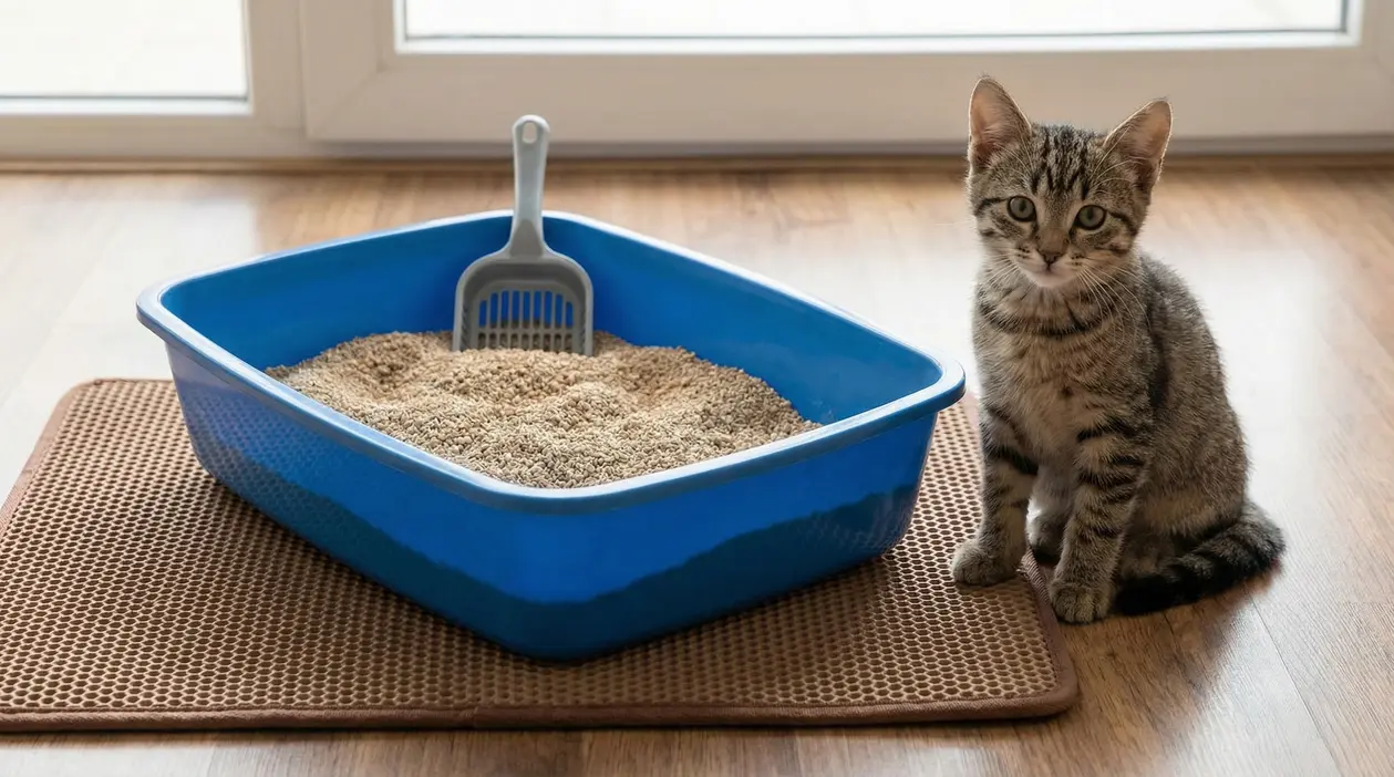 Gattino accanto a una lettiera blu con paletta su tappetino in un ambiente domestico