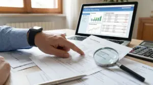 Una persona esamina un estratto conto bancario con una lente di ingrandimento accanto a un laptop con schermata di online banking.