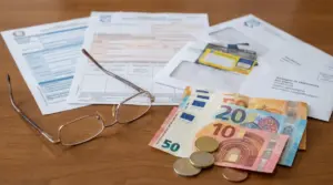 Documenti, occhiali, carte e banconote su un tavolo relativi all'assegno di vedovanza