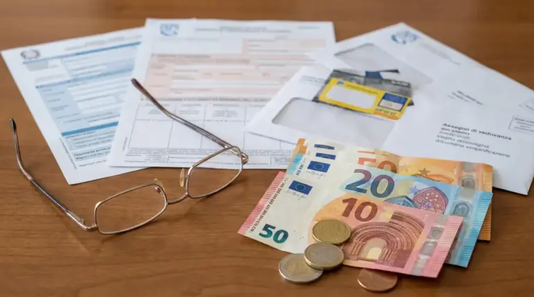 Documenti, occhiali, carte e banconote su un tavolo relativi all'assegno di vedovanza