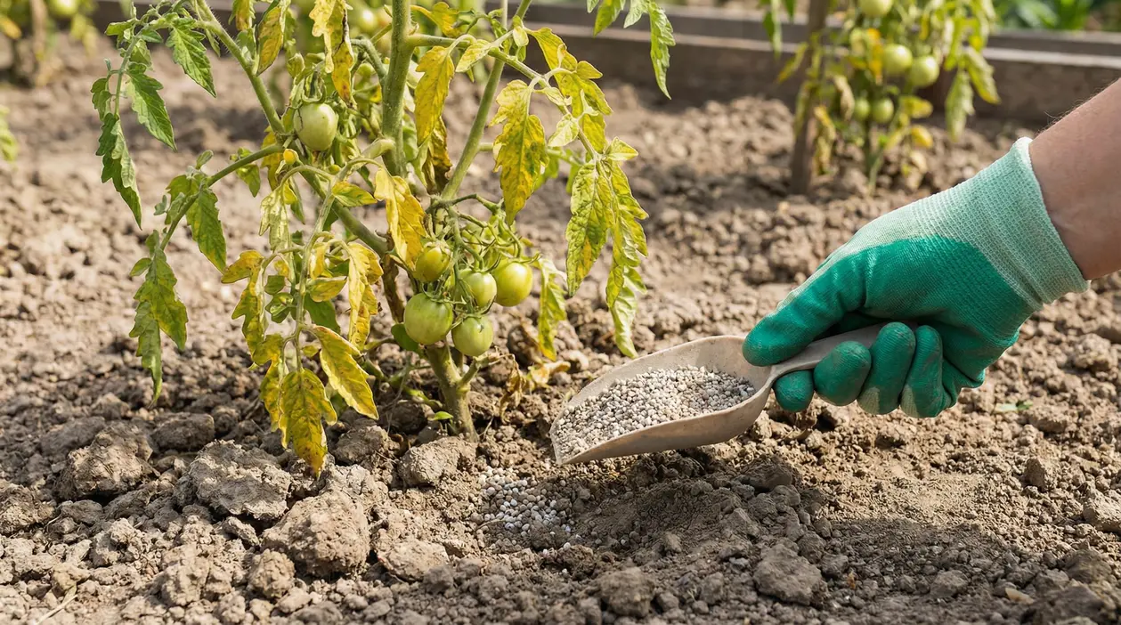 Una mano con guanto verde sparge fertilizzante vicino a piante di pomodoro in crescita.