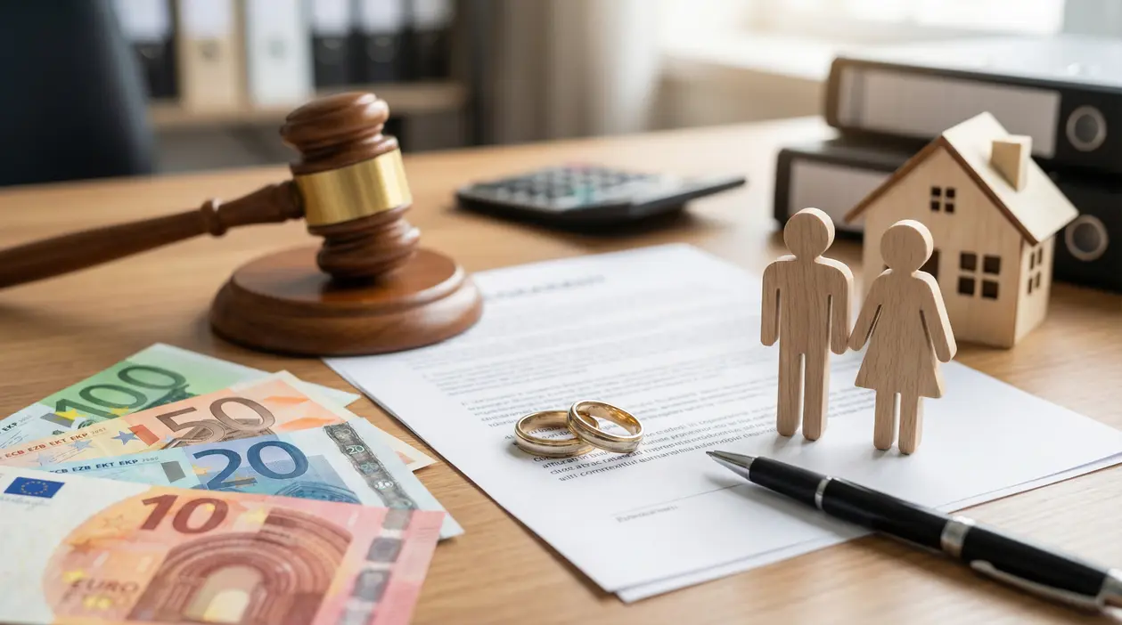 Simboli di divorzio con documenti legali, martelletto, soldi e figure di coppia su un tavolo