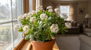 Pianta di giada in fiore su davanzale interno illuminato dalla luce naturale