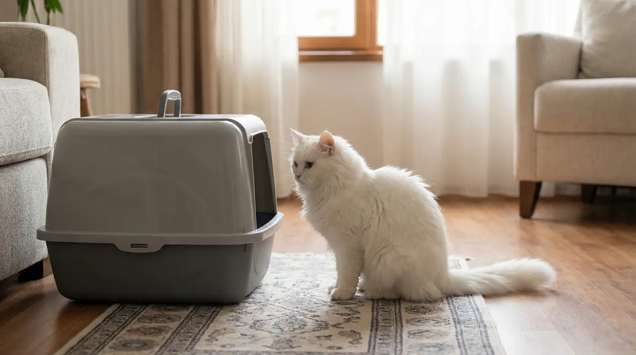 Gatto bianco seduto davanti a una lettiera chiusa in una stanza
