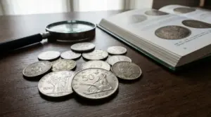 Monete italiane rare su un tavolo con lente di ingrandimento e catalogo numismatico
