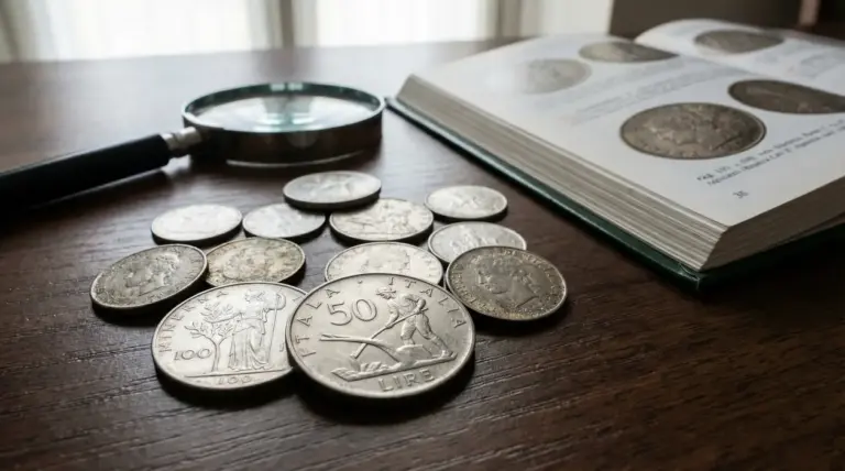 Monete italiane rare su un tavolo con lente di ingrandimento e catalogo numismatico
