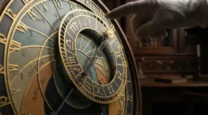 Primo piano di un antico orologio astronomico con simboli zodiacali