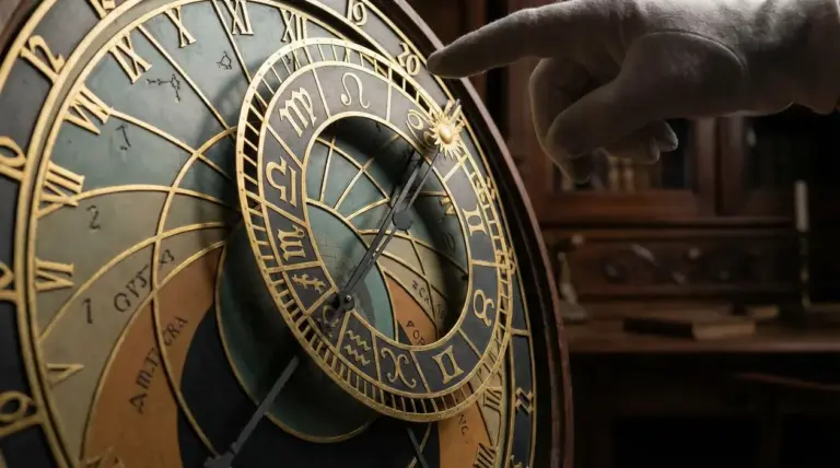 Primo piano di un antico orologio astronomico con simboli zodiacali