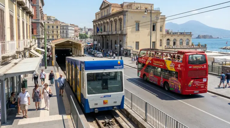 Funicolare e autobus turistico nel centro di Napoli, con il Vesuvio sullo sfondo