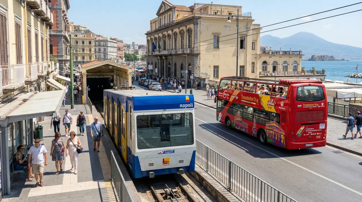 Funicolare e autobus turistico nel centro di Napoli, con il Vesuvio sullo sfondo