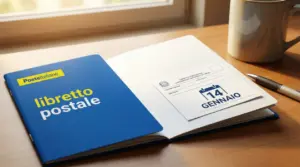 Libretto postale su un tavolo accanto a una tazza, una penna e un foglio con data 14 gennaio