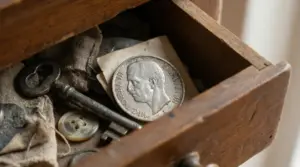 Vecchia moneta italiana rara in un cassetto di legno con altri oggetti antichi