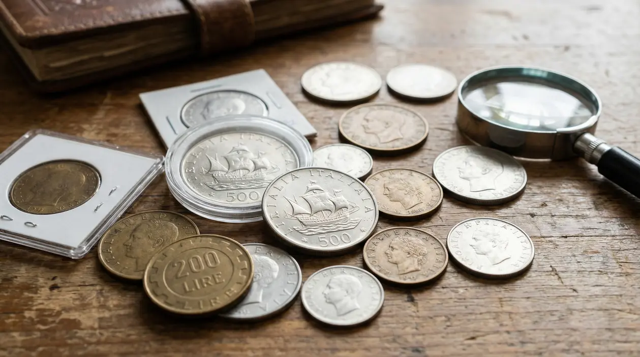 Vecchie monete italiane, tra cui lire e 500 lire d'argento, su tavolo di legno con lente d'ingrandimento