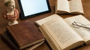 Libri antichi, un tablet, occhiali e una statua su un tavolo di legno