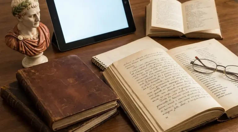 Libri antichi, un tablet, occhiali e una statua su un tavolo di legno