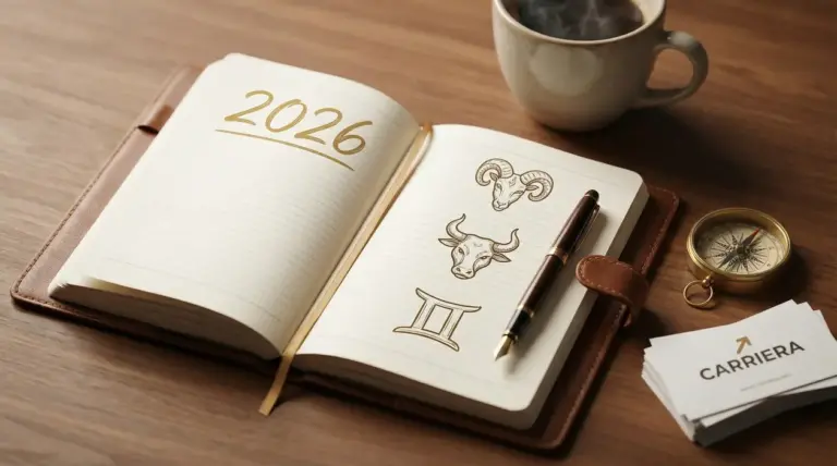 Agenda aperta con simboli zodiacali, una bussola, tazza e biglietti con la scritta carriera