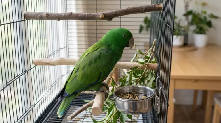 Un pappagallo verde poggiato su un trespolo all'interno di una gabbia vicino a una ciotola di semi