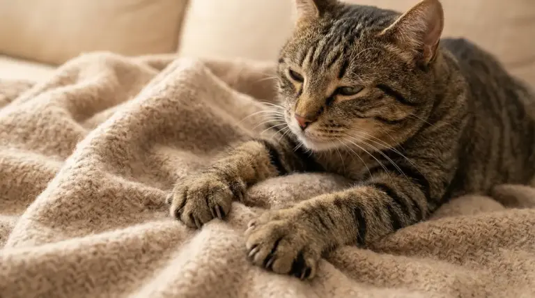 Gatto tigrato che impasta con le zampe su una coperta morbida