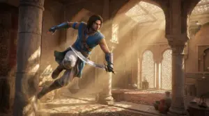 Personaggio con abiti orientali salta con una spada in mano in un ambiente decorato