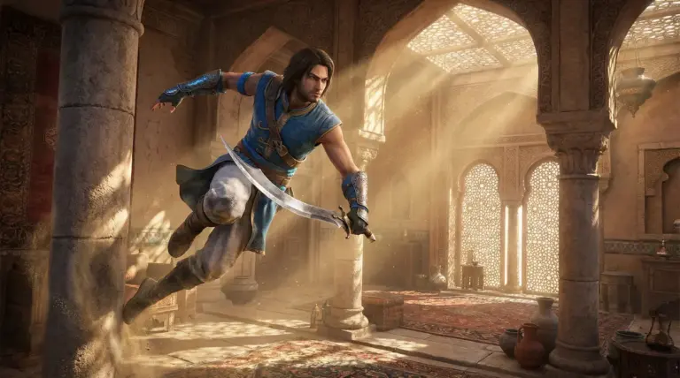 Personaggio con abiti orientali salta con una spada in mano in un ambiente decorato