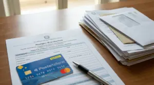Modulo per l'assegno di inclusione con carta Poste Italiane e documenti su una scrivania