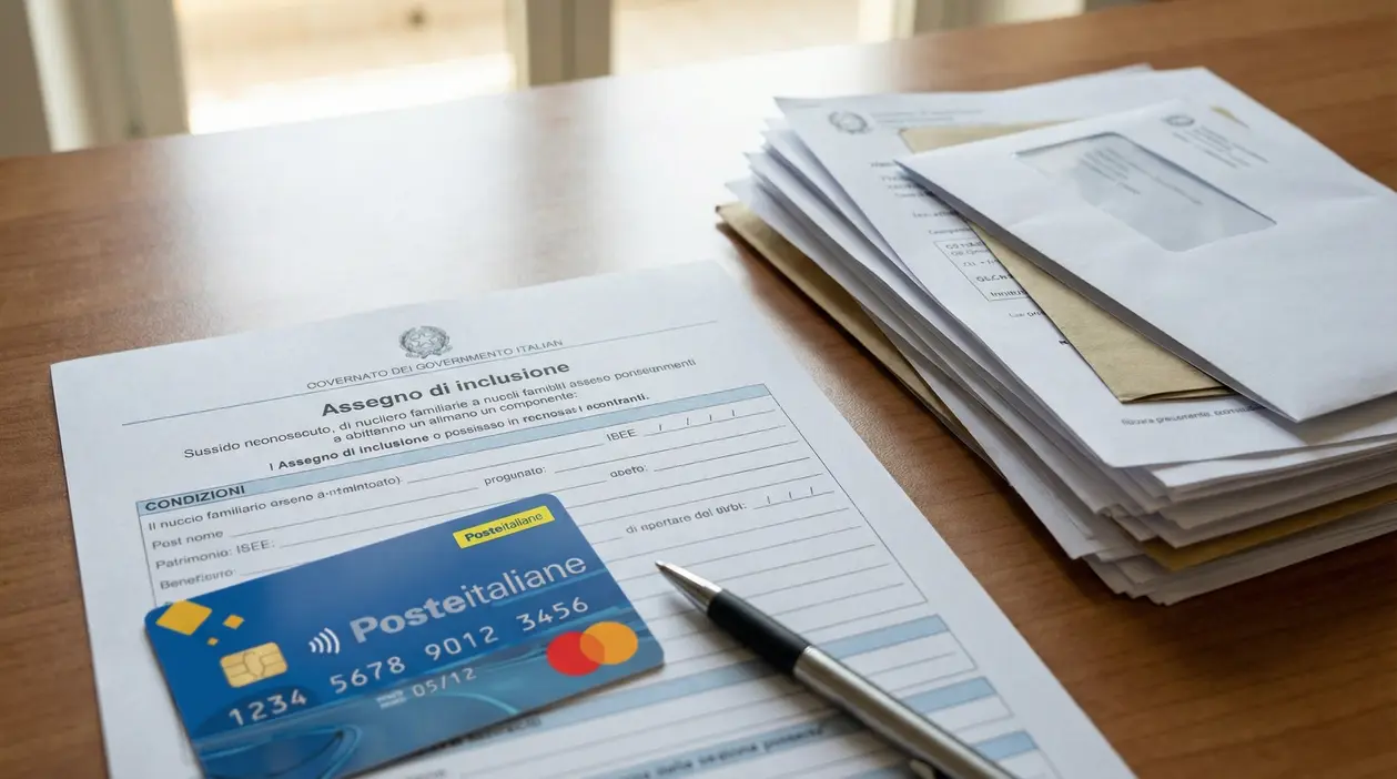 Modulo per l'assegno di inclusione con carta Poste Italiane e documenti su una scrivania