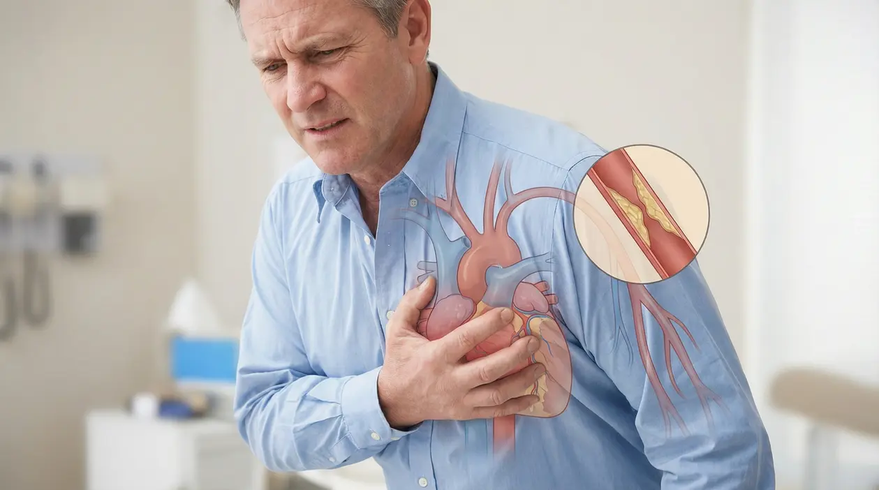 Uomo che mostra dolore al petto con illustrazione del cuore e arterie