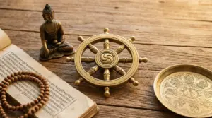 Oggetti simbolici buddisti su tavola in legno, inclusi ruota del Dharma, statua, rosario e testo antico