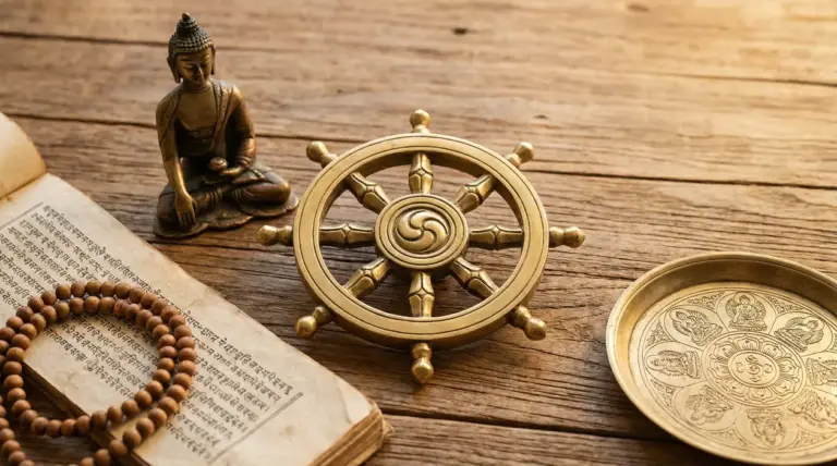 Oggetti simbolici buddisti su tavola in legno, inclusi ruota del Dharma, statua, rosario e testo antico