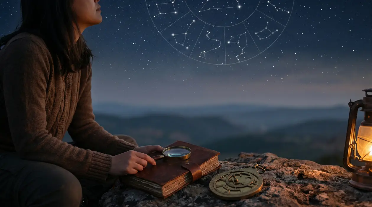 Persona seduta all'aperto di notte con un libro antico, una lanterna e costellazioni zodiacali nel cielo