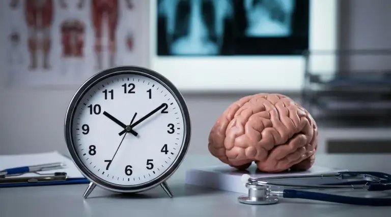 Modello di cervello accanto a un orologio da tavolo su scrivania medica