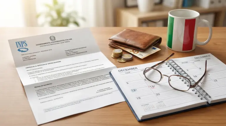 Documenti INPS, calendario, occhiali e soldi su una scrivania, concetto di tredicesima per pensionati