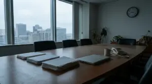 Sala riunioni vuota con documenti, tazza e telefono su un tavolo in legno