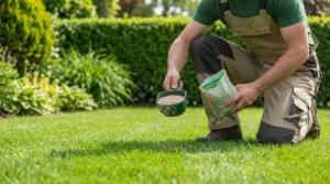 Persona che sparge fertilizzante su un prato ben curato in giardino